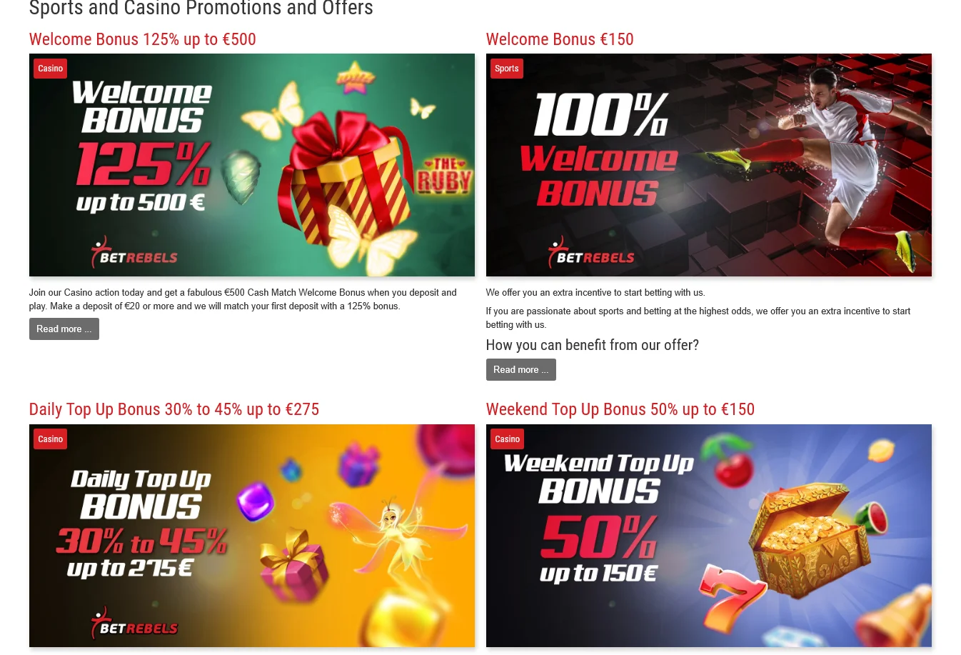 Betrebels Bonus Promotions - Welcome bonus showing €500 casino bonus 125% and €150 sports bonus 100% plus daily and weekend promotions
