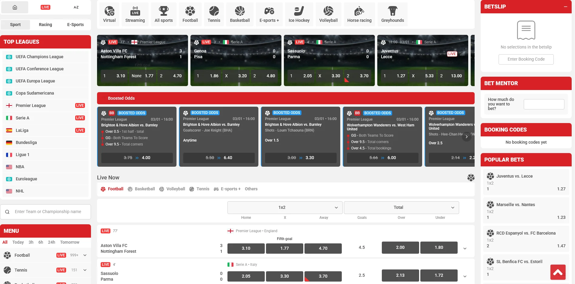 Betrebels Sports Betting - Sportsbook interface showing live betting, football odds, Premier League, Serie A matches with boosted odds